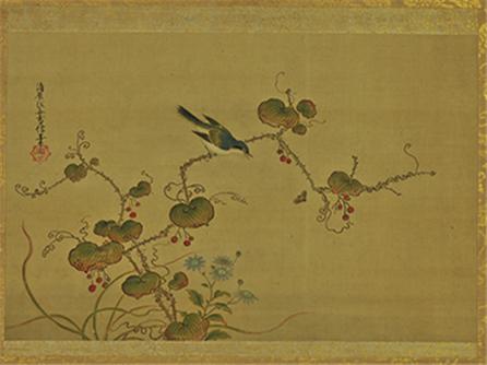 秋菊鸣禽图 轴  日本 清原雪信（1643-1682）年